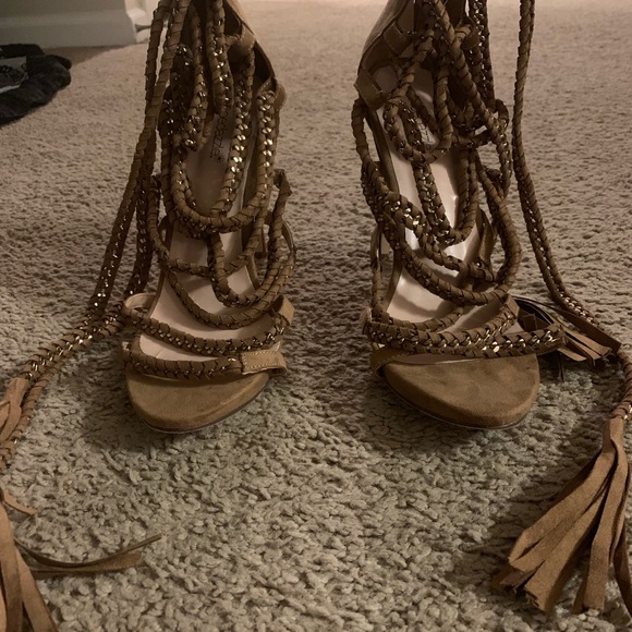 ShoeDazzle Raenetta. Tan Strappy Faux Suede Heels - Picture 6 of 7